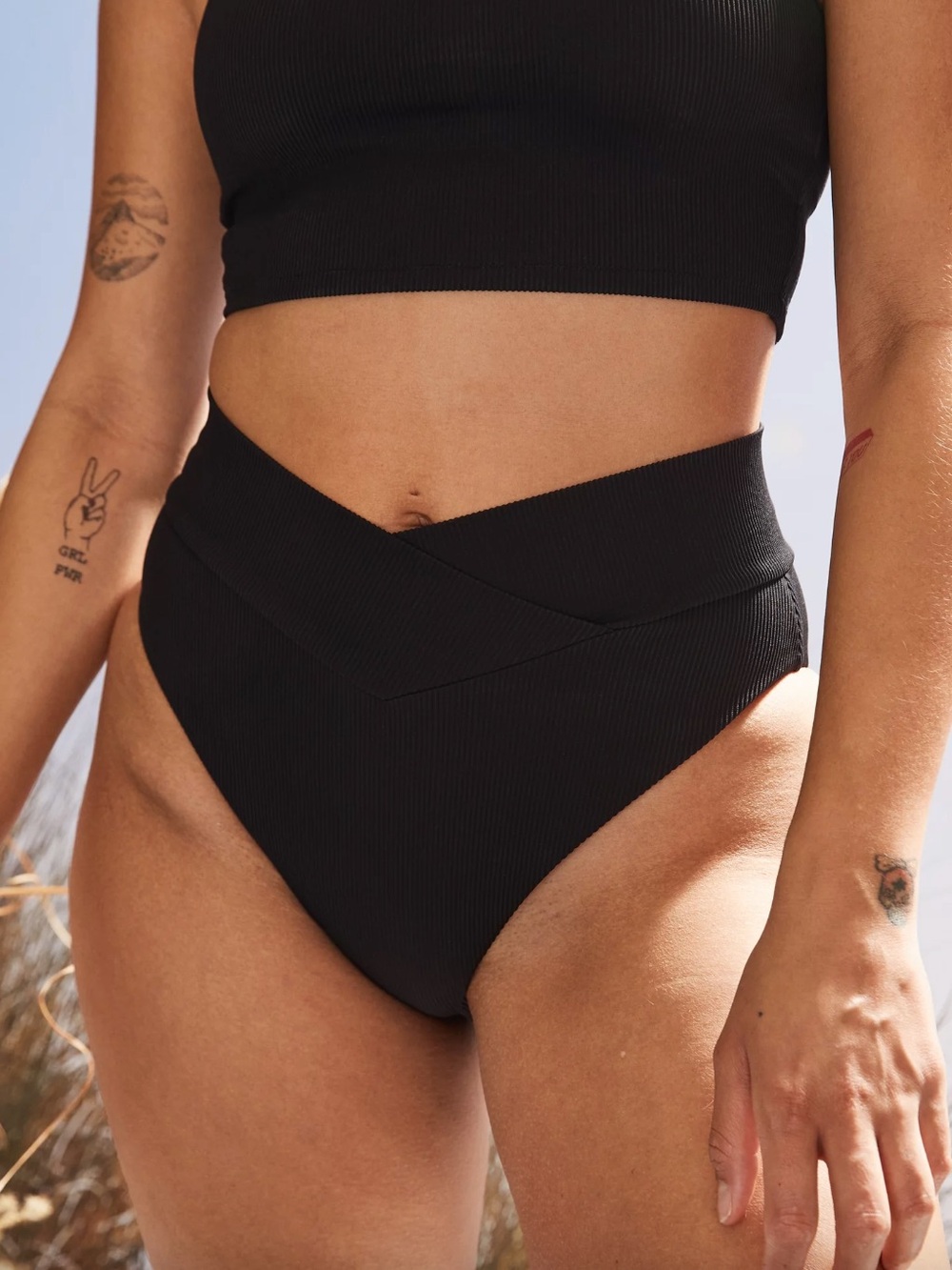 Aerie Ribbed Crossover High Cut Cheeky Bikini Bottom Black
